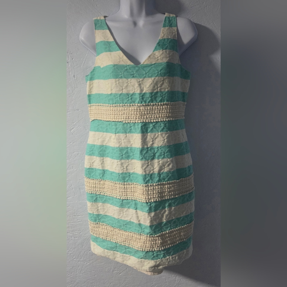 Just Taylor Turquoise & Cream Textured Striped Shift Dress - 8
